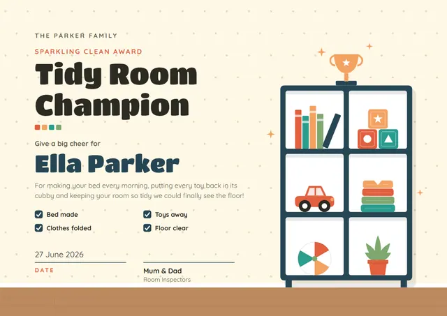 Gold Trophy Tidy Room Award template, A4 landscape, in gold