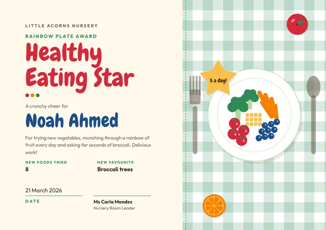 Red Starry Healthy Eating Star Award template, A4 landscape, in red