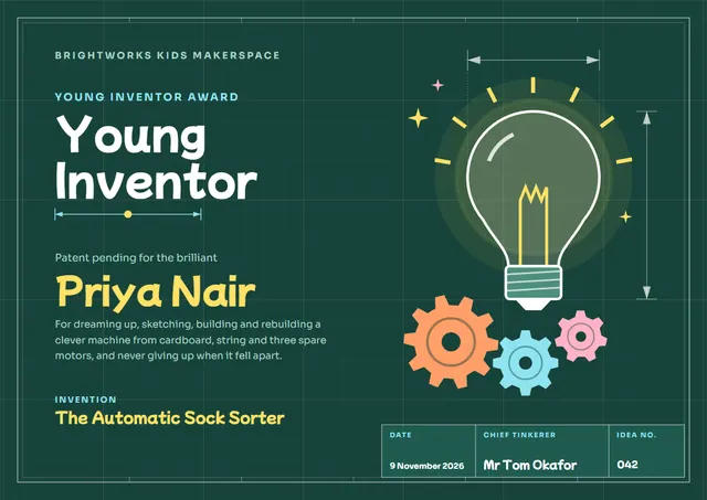 Forest Green Sunburst Young Inventor Award template, A4 landscape, in forest green