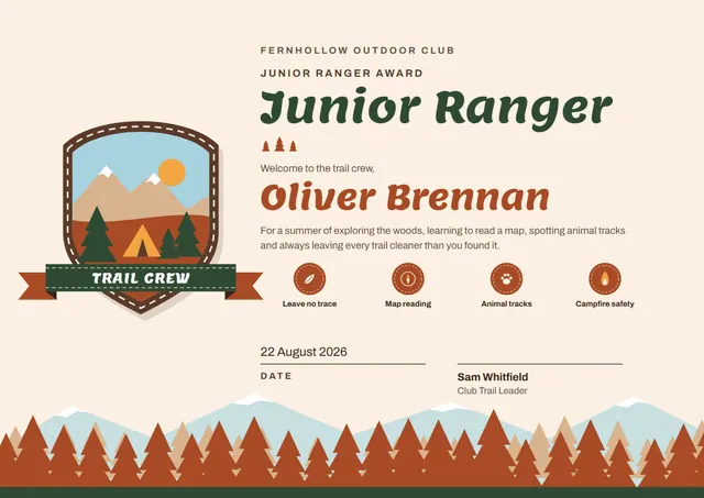 Brick Red Ribbon Junior Ranger Award template, A4 landscape, in brick red