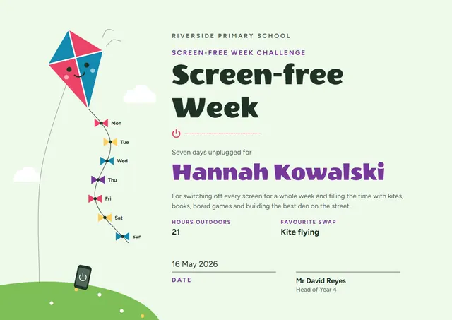 Lime Ribbon Screen-Free Week Certificate template, A4 landscape, in lime