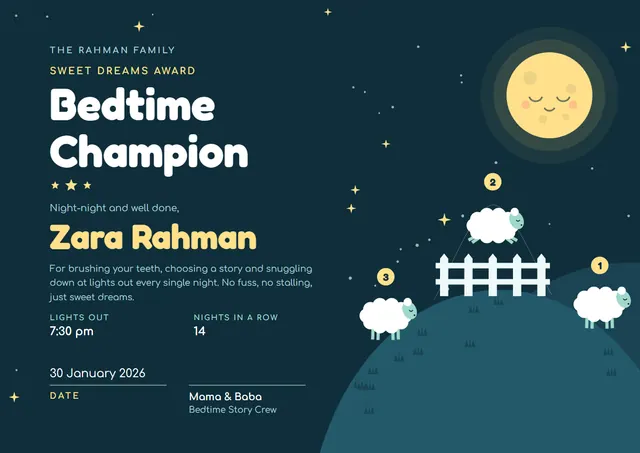 Midnight Moonlit Bedtime Champion Award template, A4 landscape, in midnight blue