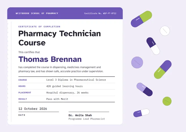 Purple Ticket Pharmacy Technician Course Certificate template, A4 landscape, in purple