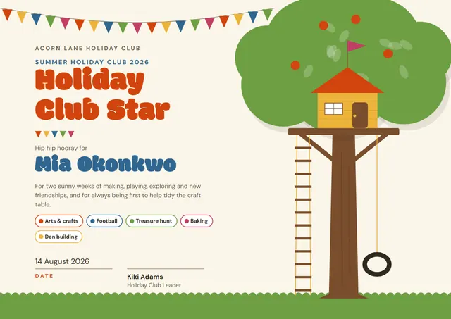 Lime Leafy Holiday Club Certificate template, A4 landscape, in lime