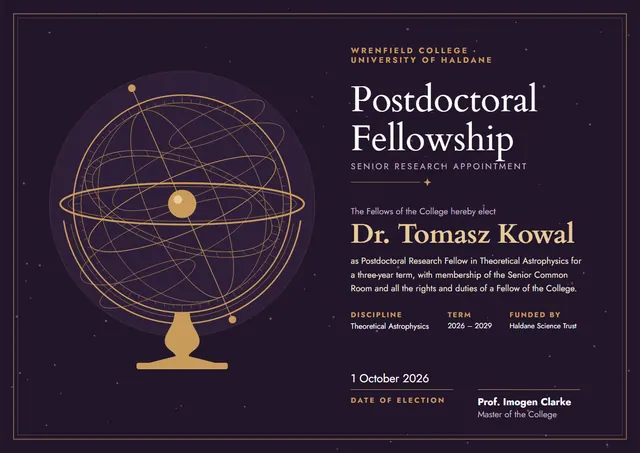 Black Starry Postdoctoral Fellowship Certificate template, A4 landscape, in black