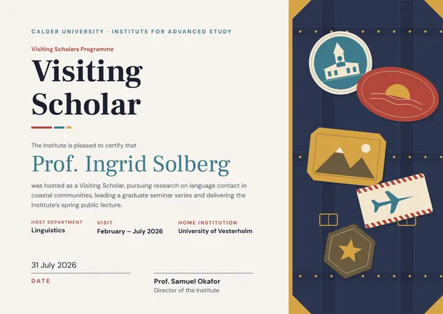 Gold Sunburst Visiting Scholar Certificate template, A4 landscape, in gold
