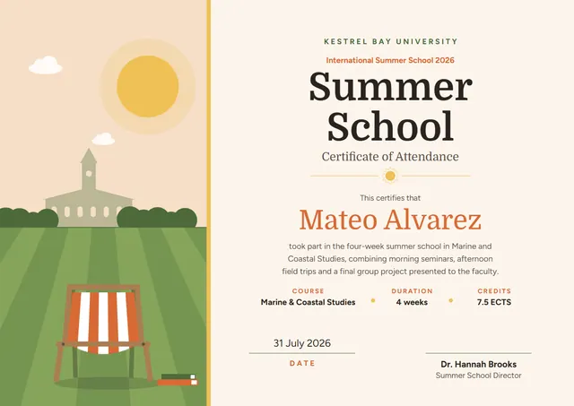 Lime Sunburst Summer School Certificate template, A4 landscape, in lime