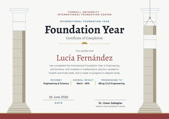Brick Red Banded Foundation Year Certificate template, A4 landscape, in brick red