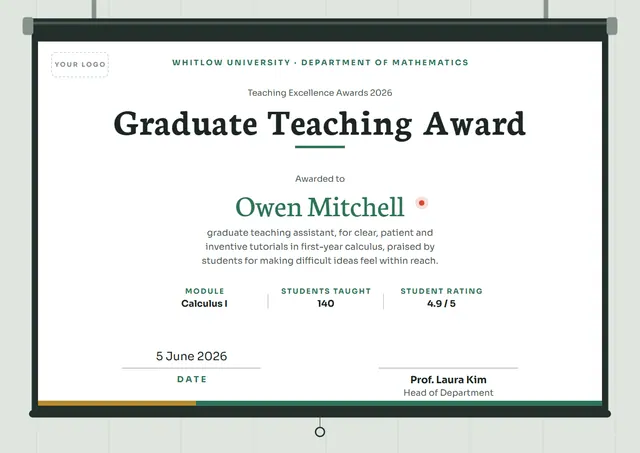 Forest Green Wave Graduate Teaching Award template, A4 landscape, in forest green