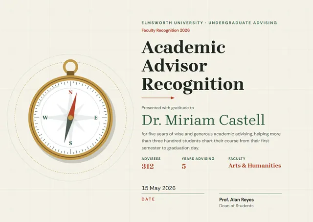 Gold Crown Academic Advisor Recognition Certificate template, A4 landscape, in gold