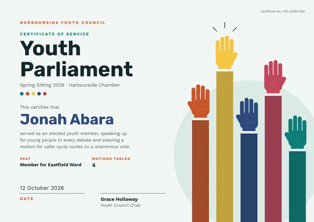 Ocean Blue Leafy Youth Parliament Certificate template, A4 landscape, in ocean blue