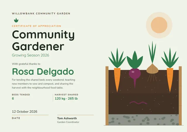 Chocolate Sunburst Community Garden Certificate template, A4 landscape, in chocolate