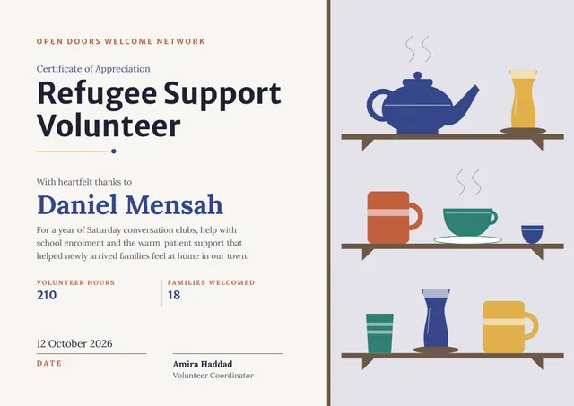 Slate Bookish Refugee Support Volunteer Certificate template, A4 landscape, in slate grey