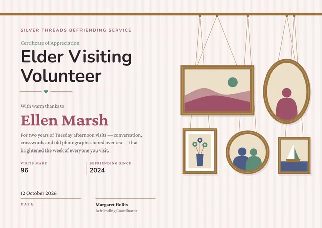 Bronze Sunburst Elder Visiting Volunteer Certificate template, A4 landscape, in bronze