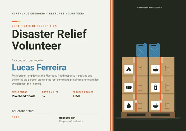 Gold Wave Disaster Relief Volunteer Certificate template, A4 landscape, in gold