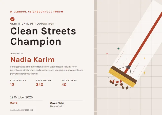 Terracotta Starry Clean Streets Champion Award template, A4 landscape, in terracotta