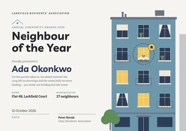 Steel Blue Crown Neighbour of the Year Award template, A4 landscape, in steel blue