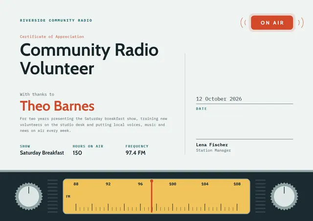 Midnight Mountain Community Radio Volunteer Certificate template, A4 landscape, in midnight blue