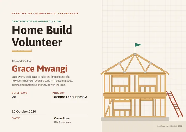 Gold Pennant Home Build Volunteer Certificate template, A4 landscape, in gold