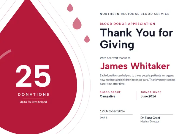 Crimson Chart Blood Donor Appreciation Certificate template, A4 landscape, in crimson