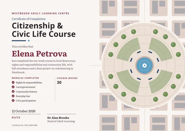 Rose Wave Citizenship Course Certificate template, A4 landscape, in rose