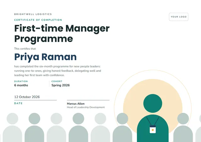 Navy Badge First-Time Manager Programme Certificate template, A4 landscape, in navy