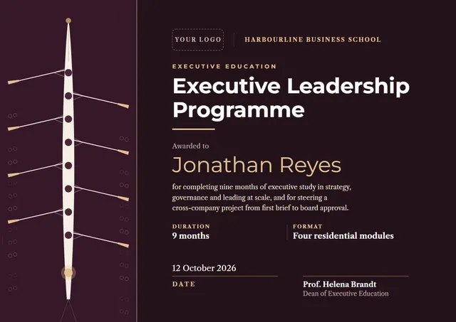 Black Wave Executive Leadership Certificate template, A4 landscape, in black
