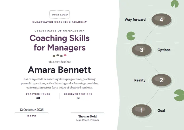 Plum Wave Coaching Skills Certificate template, A4 landscape, in plum
