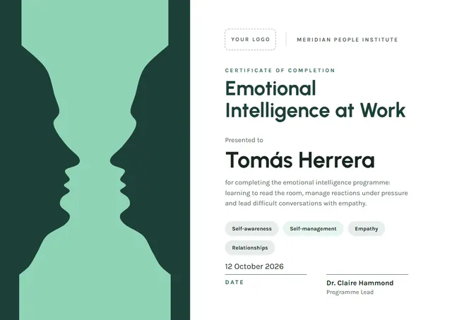 Mint Banded Emotional Intelligence Certificate template, A4 landscape, in mint