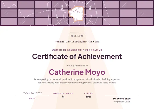 Plum Bordered Women in Leadership Certificate template, A4 landscape, in plum