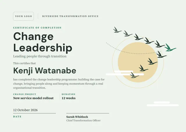 Sunshine Yellow Sunburst Change Leadership Certificate template, A4 landscape, in sunshine yellow