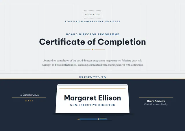 Navy Banded Board Director Programme Certificate template, A4 landscape, in navy