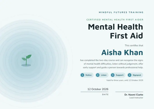 Steel Blue Wave Mental Health First Aid Certificate template, A4 landscape, in steel blue