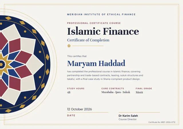 Gold Medal Islamic Finance Course Certificate template, A4 landscape, in gold