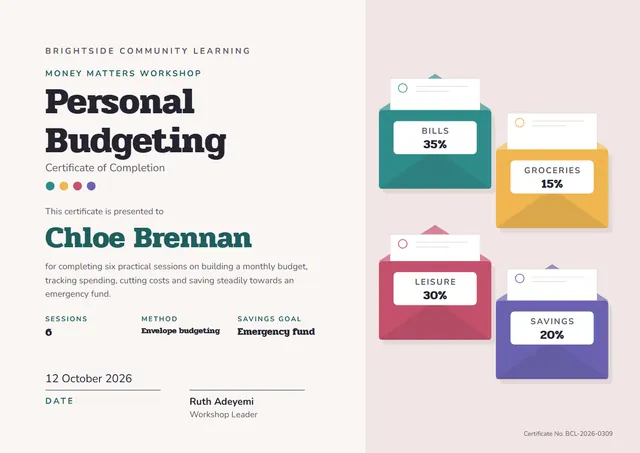 Teal Modern Personal Budgeting Certificate template, A4 landscape, in teal