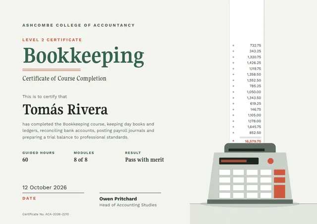 Emerald Modern Bookkeeping Course Certificate template, A4 landscape, in emerald
