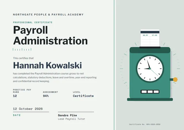 Jade Banded Payroll Administration Certificate template, A4 landscape, in jade