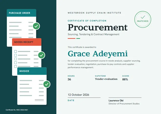 Forest Green Badge Procurement Course Certificate template, A4 landscape, in forest green