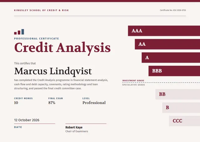 Burgundy Banded Credit Analysis Certificate template, A4 landscape, in burgundy