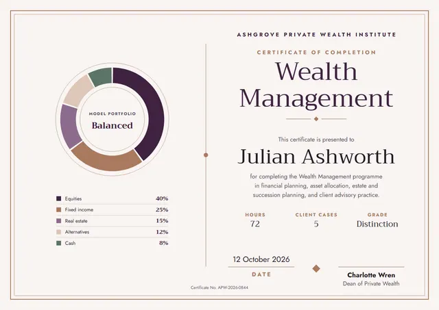 Copper Double-Border Wealth Management Certificate template, A4 landscape, in copper