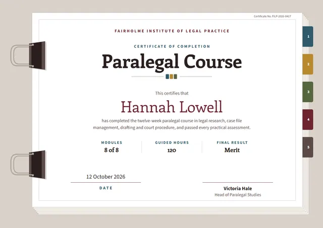 Burgundy Classic Paralegal Course Certificate template, A4 landscape, in burgundy