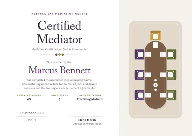 Plum Wave Mediation Certificate template, A4 landscape, in plum