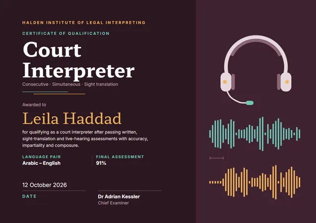 Plum Wave Court Interpreter Certificate template, A4 landscape, in plum