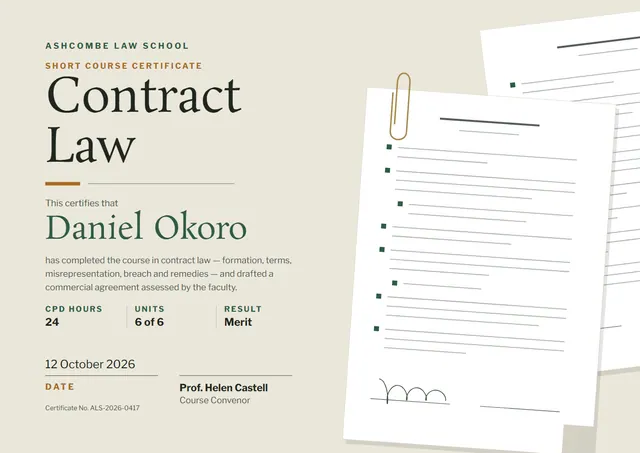 Forest Green Ornate Contract Law Course Certificate template, A4 landscape, in forest green