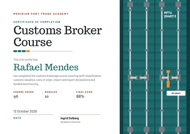Teal Seal Customs Broker Course Certificate template, A4 landscape, in teal
