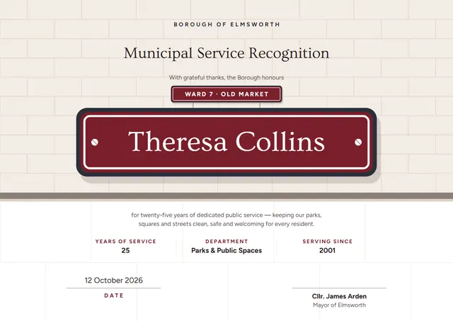 Burgundy Leafy Municipal Service Recognition Certificate template, A4 landscape, in burgundy