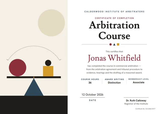 Crimson Sunburst Arbitration Course Certificate template, A4 landscape, in crimson