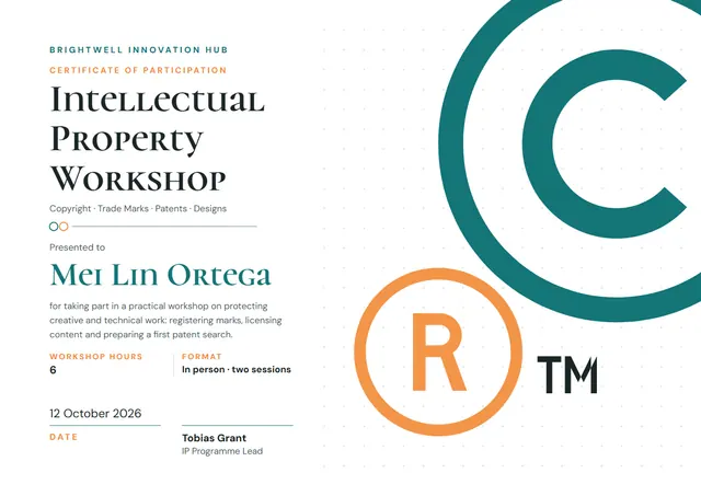 Teal Classic Intellectual Property Workshop Certificate template, A4 landscape, in teal