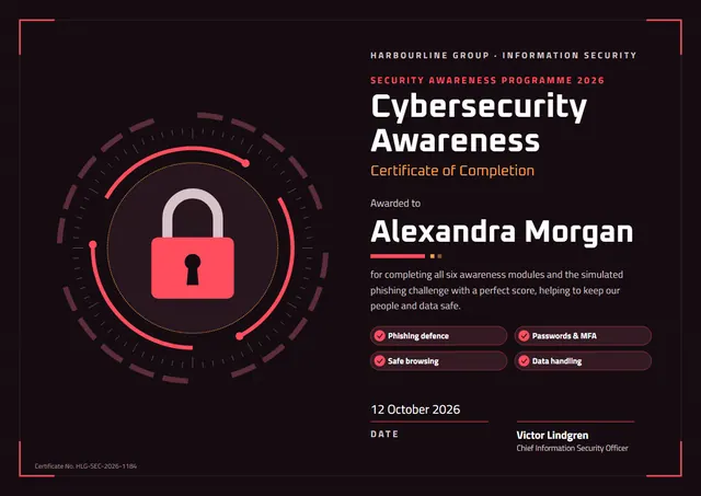 Plum Ornate Cybersecurity Awareness Certificate template, A4 landscape, in plum