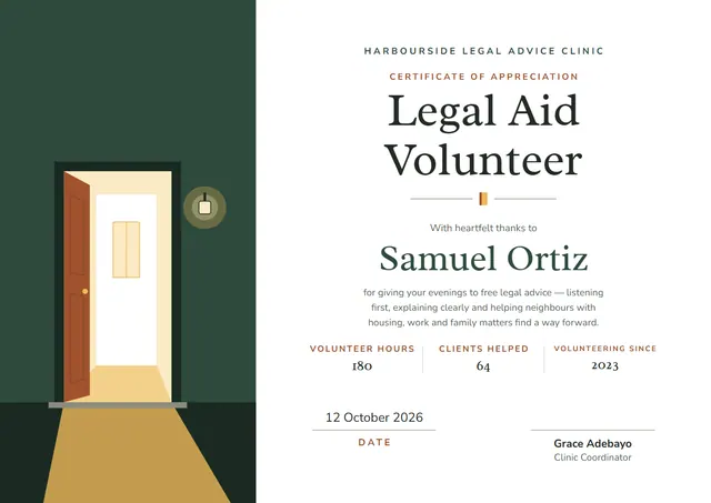 Forest Green Leafy Legal Aid Volunteer Certificate template, A4 landscape, in forest green